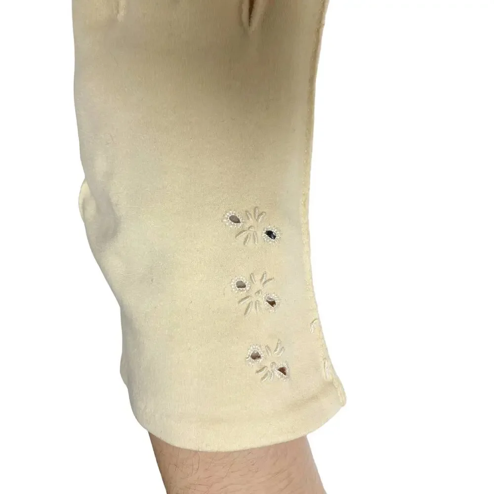 Vintage Herrybrooks Womens Size 8 Ivory Fabric Eyelet Embroidered Gloves